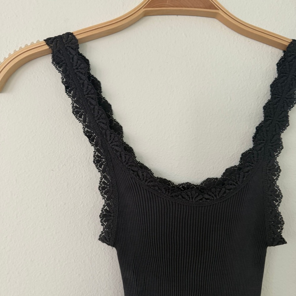 Eileen Fisher Womens XS Black 100% Silk Ribbed Lace Trim Camisole Tank Top - Picture 3 of 7
